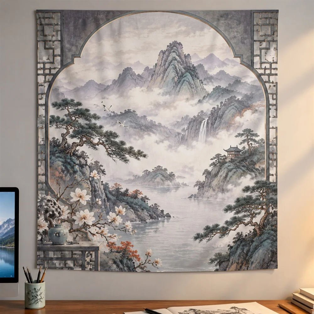 VIKAMA Chinese Blue Green Landscape Framed Panel Tapestry Wall Hanging, Oriental Wall Decor Tapestries for Nursery Kids Room