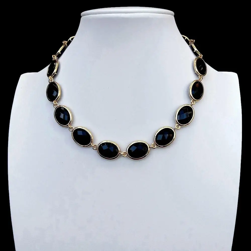 Y.YING Black Onyx Necklace Oval Shape Faceted Bezel Set Women Jewelry Birthday Gift