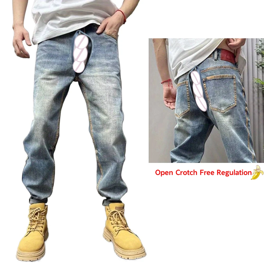 

Summer Outdoor Sex Open Crotch Thin Boyfriend Jeans Men's Vintage Denim Trousers Overalls Slim Exotic Casual Pants Y2k Clothes