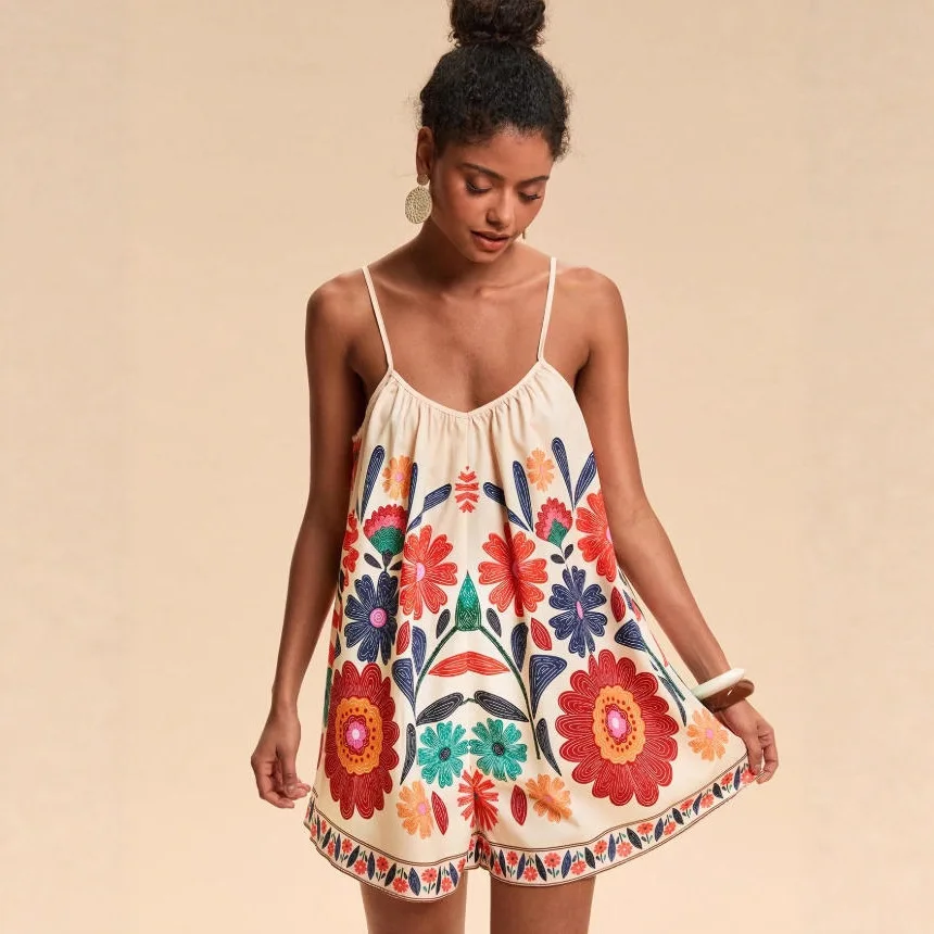 

2026 Summer New Women Floral Print Spaghetti Strap Romper Boho Sexy Backless Loose Sleeveless Short Jumpsuit Holiday Outfit