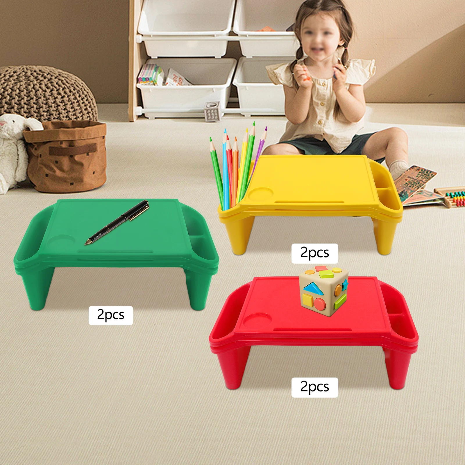 6Pcs Red Green and Yellow Children's Lap Table with Side Storage Multifunctional Movable Dining Table Used in Kindergartens