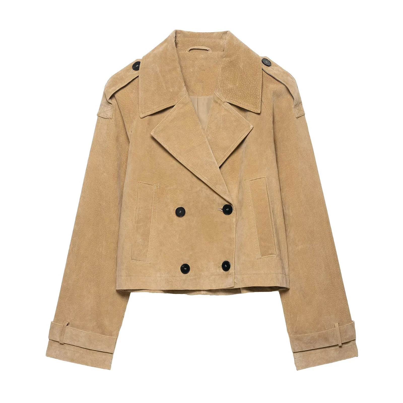 

Fashion Retro Double Breasted Short Jacket Women Casual Loose Pockets Long Sleeve Khaki Coat 2025 New Autumn Office Lady Outwear
