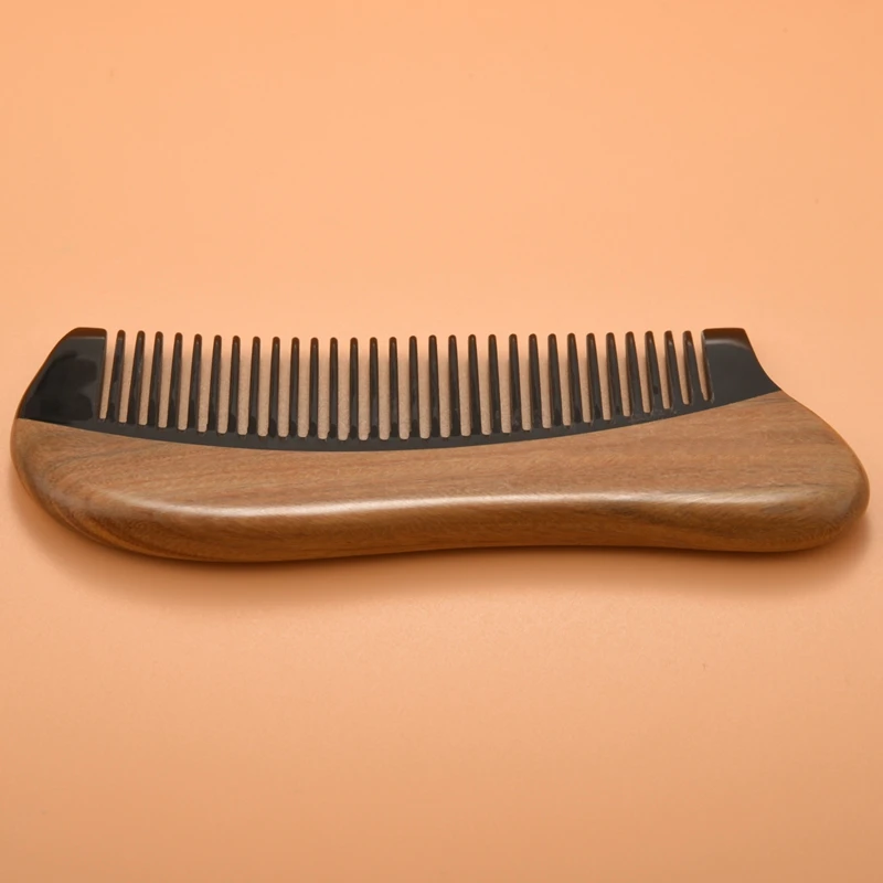 Natural Green Sandalwood Hair Comb - No Static Wooden Fine Tooth Black Buffalo Horn Comb (Green Sandalwood)