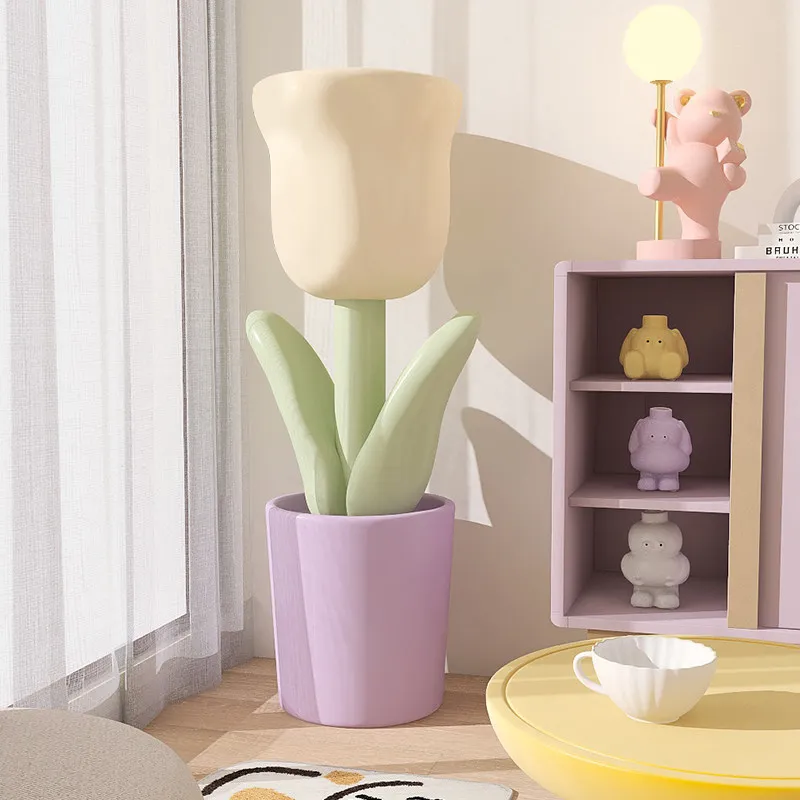 Cute Tulip Floor Planter, Creamy Style Living Room Accent, Large Base Stable Decorative Flower Pot, TV Cabinet Side Display Vase