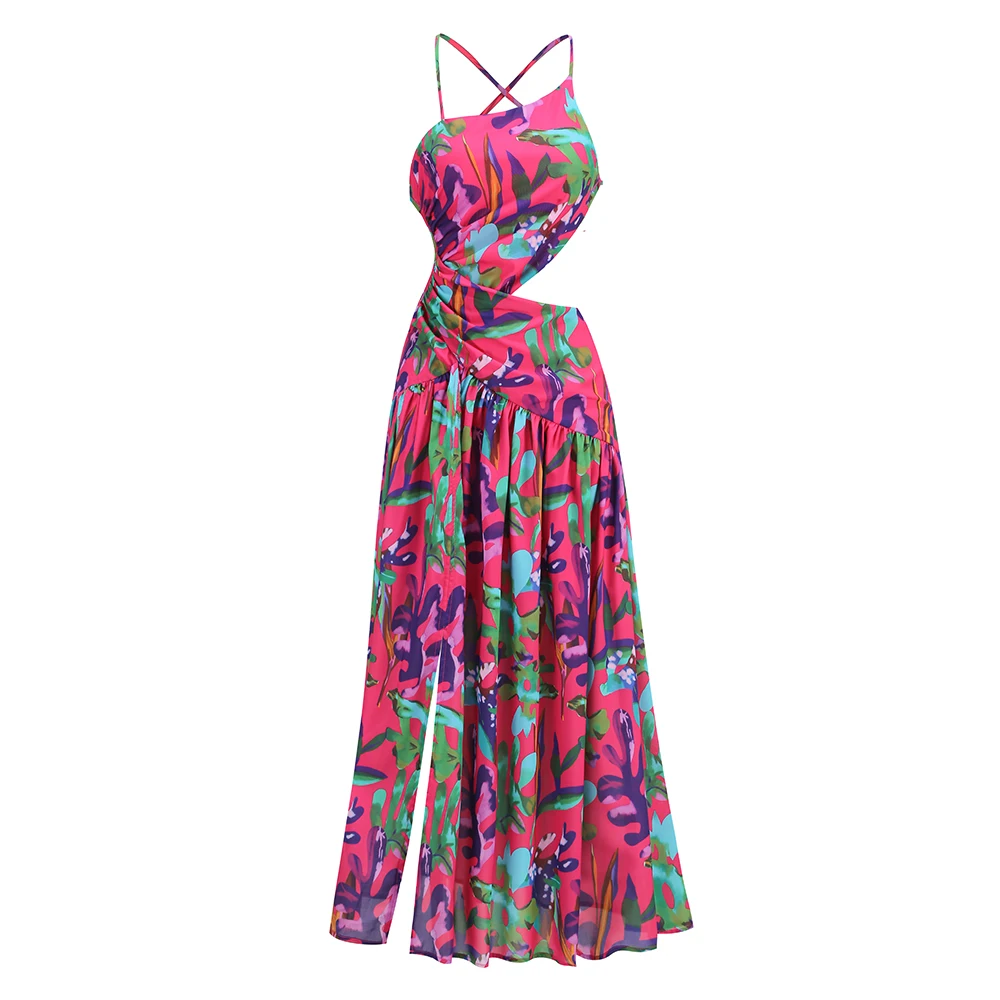 Robe Longue à Imprimé de Fleurs Roses pour Femme, Tenue Sexy à Col Licou, à la Mode, Vacances d'Été, Anniversaire, pour Fille