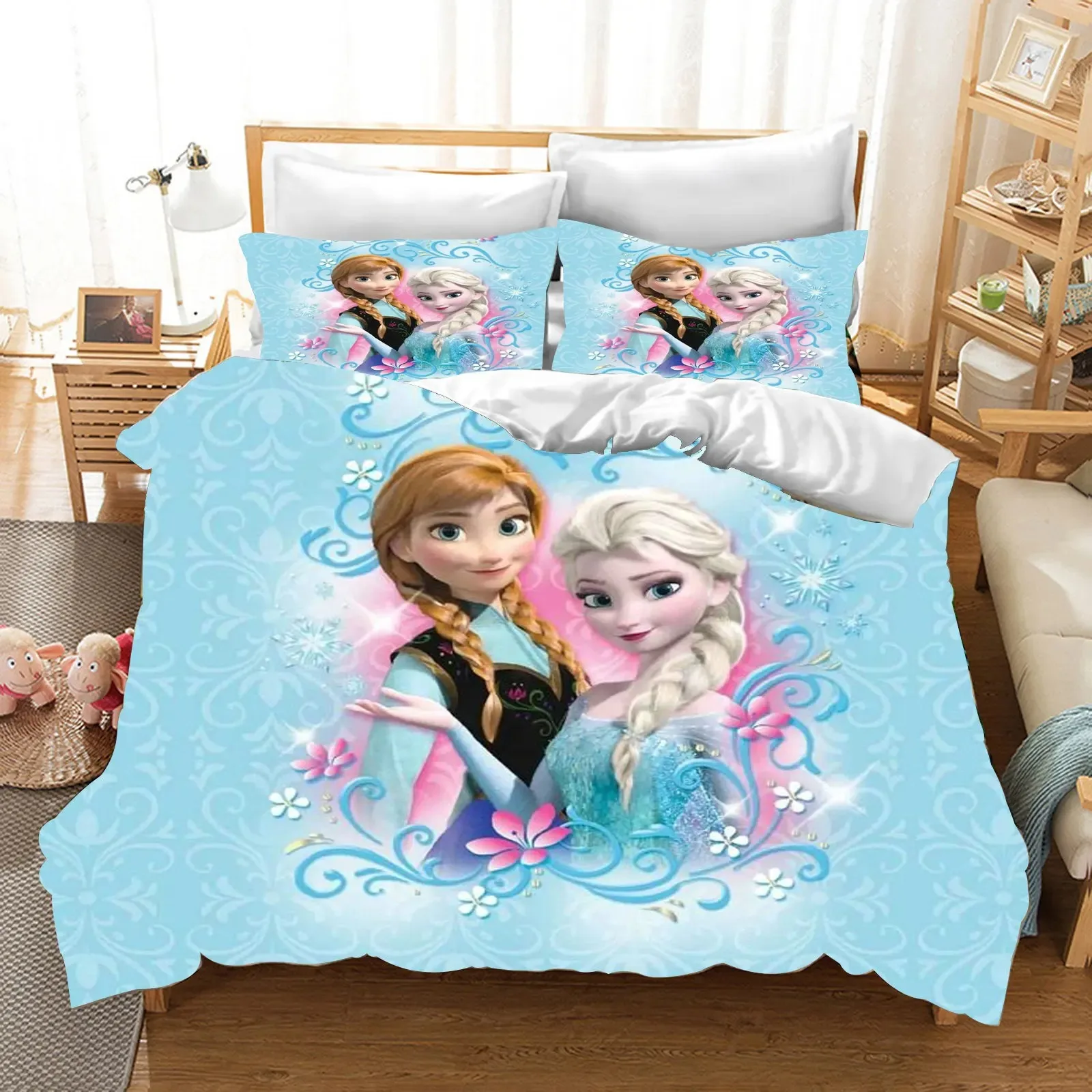 Disney Girls Frozen Bedding Set, Anime Princess Duvet Cover,3D Printing,with Pillowcase,For Kids Adults,For Single Double Bed