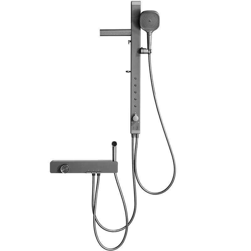 Bathroom Gun Gray Brushed Shower Set Thermostatic Slide Bar Square Shower Head with Spray Massage Bubbles Wall Mount