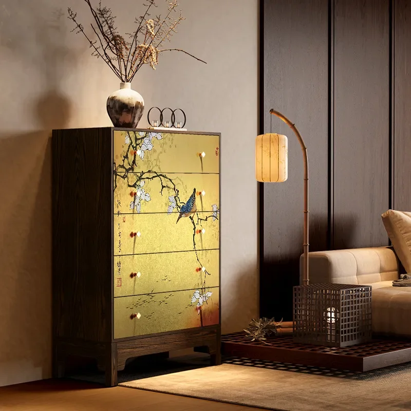 Solid Wood Flower and Bird Bucket Cabinet Bedside Drawer Storage Locker for Bedroom Living Room Decorative Furniture