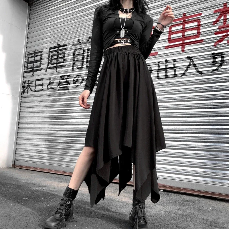 Vintage koreanischen Rock dunkels chwarz unregelmäßig hohe Taille Goth Punk Gothic schwarz Harajuku langen Rock nicht Stretch lose Passform