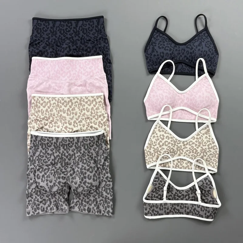 Women Leopard Print Seamless 2 Piece Gym Wear High Waist Tummy Control Sports Bra Biker Shorts Yoga Pilates Running Workout Suit