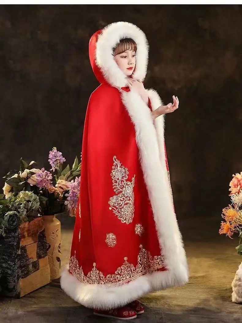 New Red Thick Coat Hanfu Cloak Autumn and Winter Windproof Cape Chinese Style Little Girl Floral Embroidery 3-12 yeas