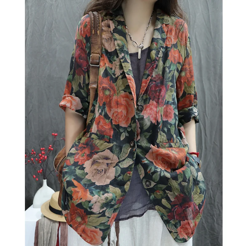 

Trendy Cotton Linen Women's Printed Vintage Loose Long Sve Casual Versatile Autumn New Sle Western Suit Jaet