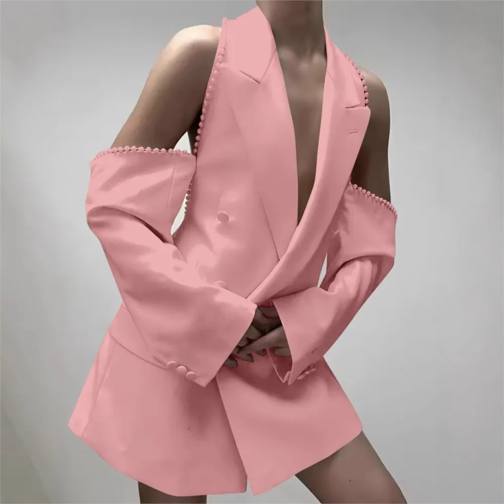 Sexy Cutout Patchwork Long Sleeve Solid Color Suit Jacket Women's Spring Autumn Beaded Coat Office Lapel Button Down Slim Jacket