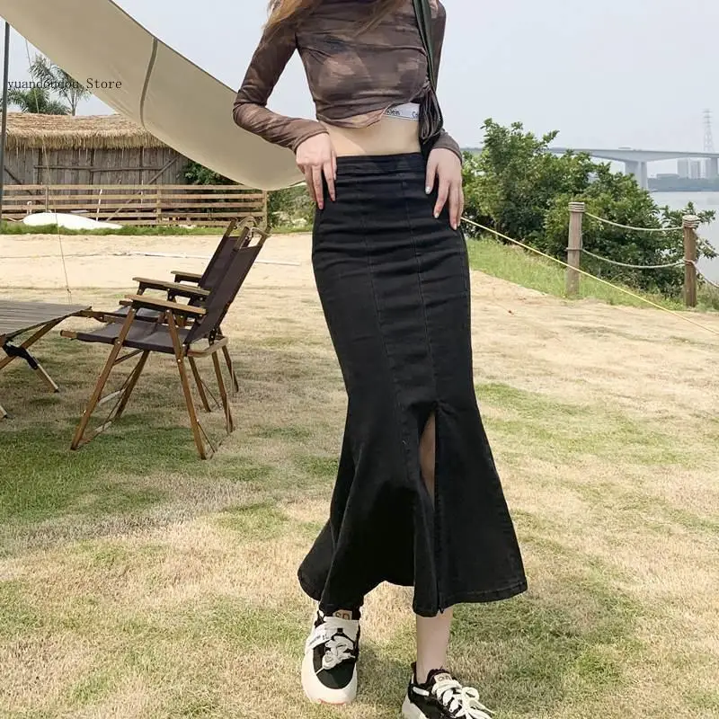 Women's Spring and Summer Split Elastic Butt Cowboy Skirt with High Waist Medium Length and Fishtail Style