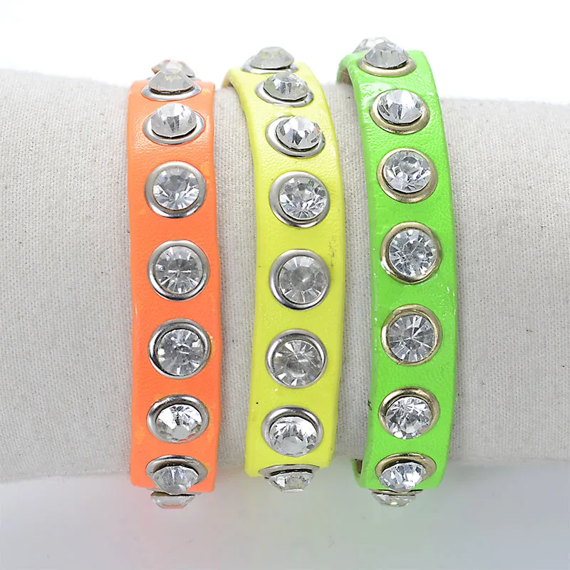 New Arrival Leather Big Crystal Bracelets Fluorescent Color Double Clasp Bangle For Girl Women Gift
