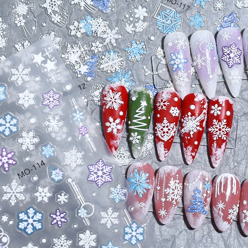 Calcomanías de uñas de copo de nieve blanco 5D, suministros de Navidad, pegatinas de Arte de uñas de Navidad, deslizadores de manicura autoadhesivos