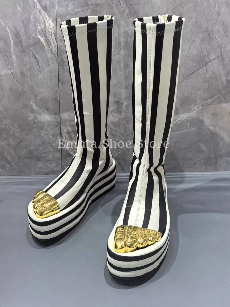 Gouden vijfvinger sleehak kniehoge laarzen voor dames 2025, trendy gestreept platform, rits, moderne laarzen, ontwerper, comfort, lange Botas