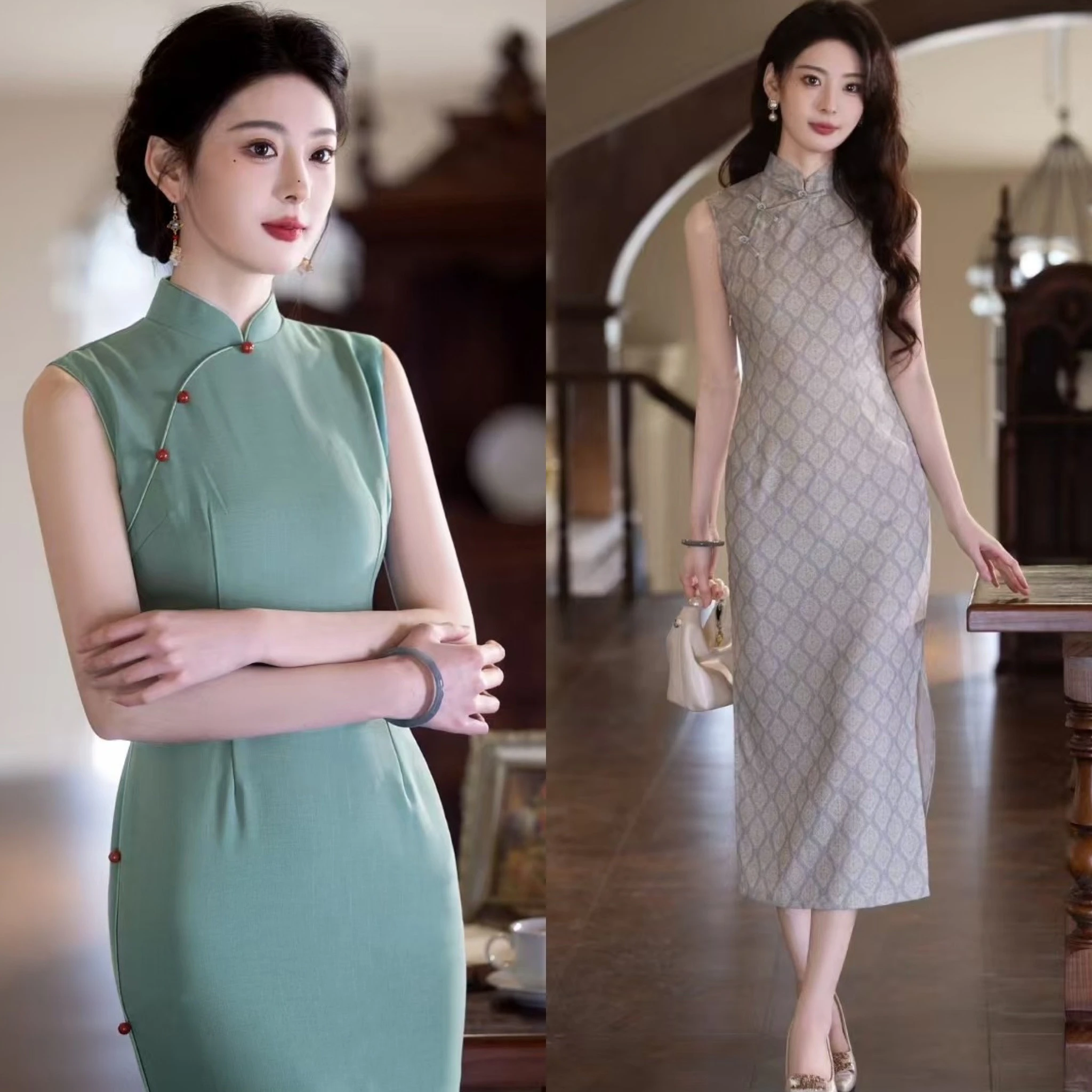 

Элегантное длинное платье-ципао для женщин, модная новинка 2025 года, с эффектом похудения на талии, летнее, дышащее, с низким разрезом