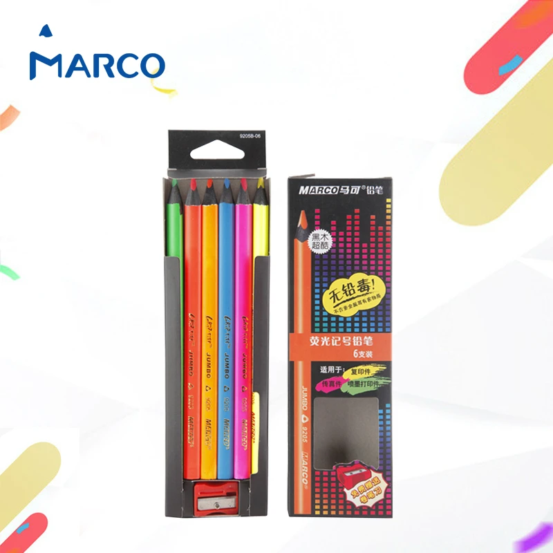 6 Buah/Set Diskon Besar MARCO 9205B Pensil Timah Warna Neon 6 Warna Pensil Spidol Tebal Multifungsi