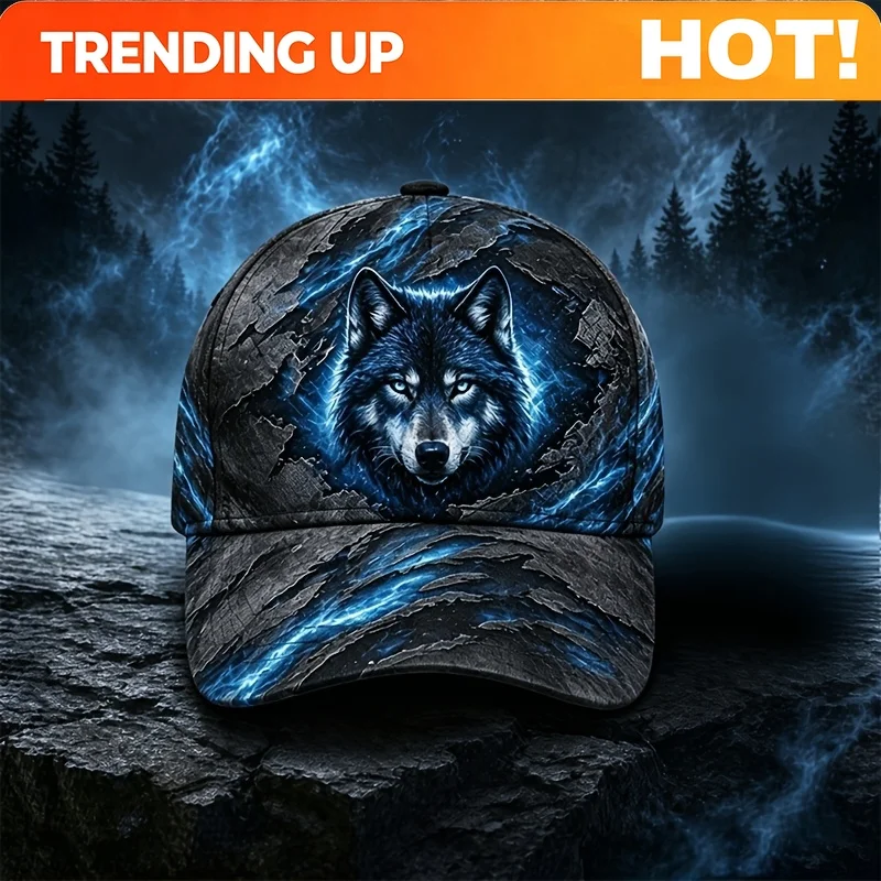 Customization Customization Wolf Head Print Baseball Cap, Unisex Adjustable Zipper Back Hat, 3D Wolf Design, Cool Lightning