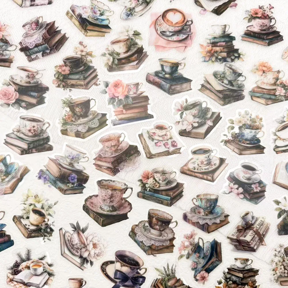 50 Stück Retro Bücher & Kaffee Transparente PET-Aufkleber für Flaschen Laptop Scrapbook DIY Ästhetische Sticker Kreative Geschenke
