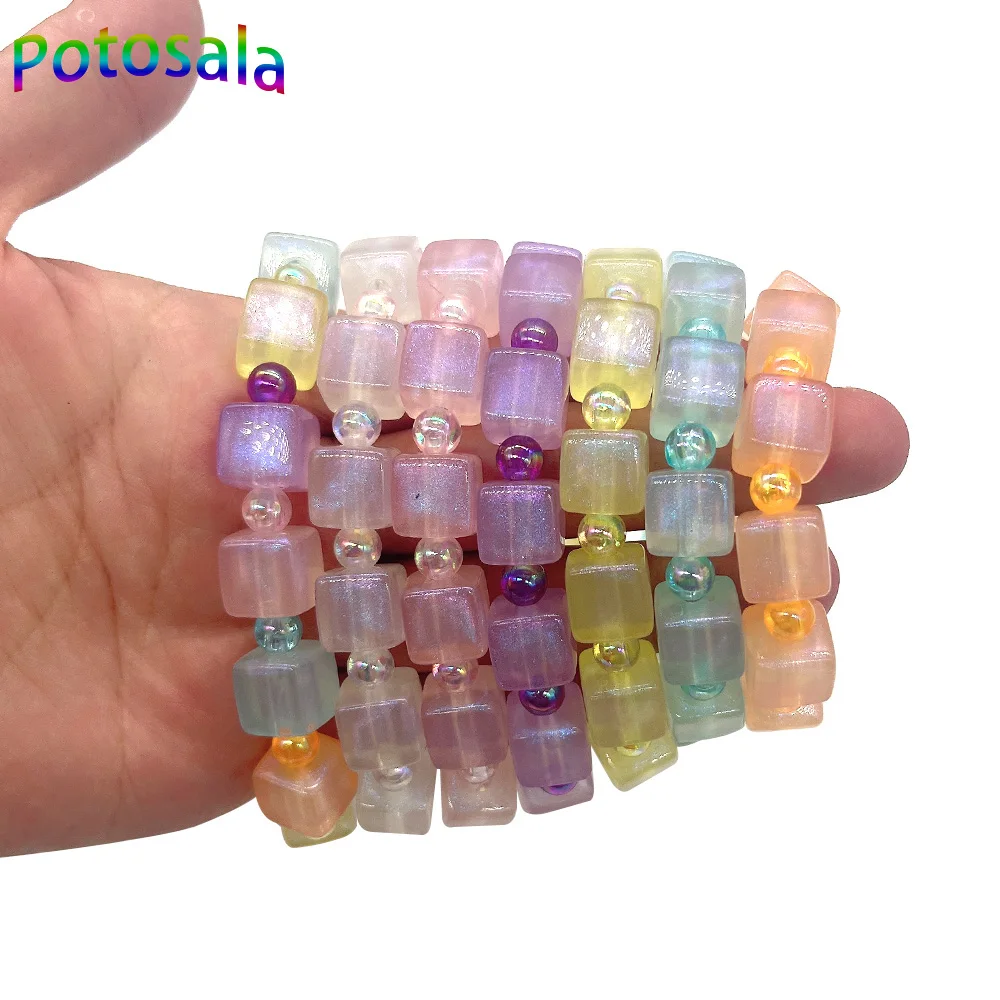 Potosala Acrylic Cube Round Beads Bracelets Handmade Square Beaded Multicolor Stretch Bangle For Women Fashion Charm Jewelry