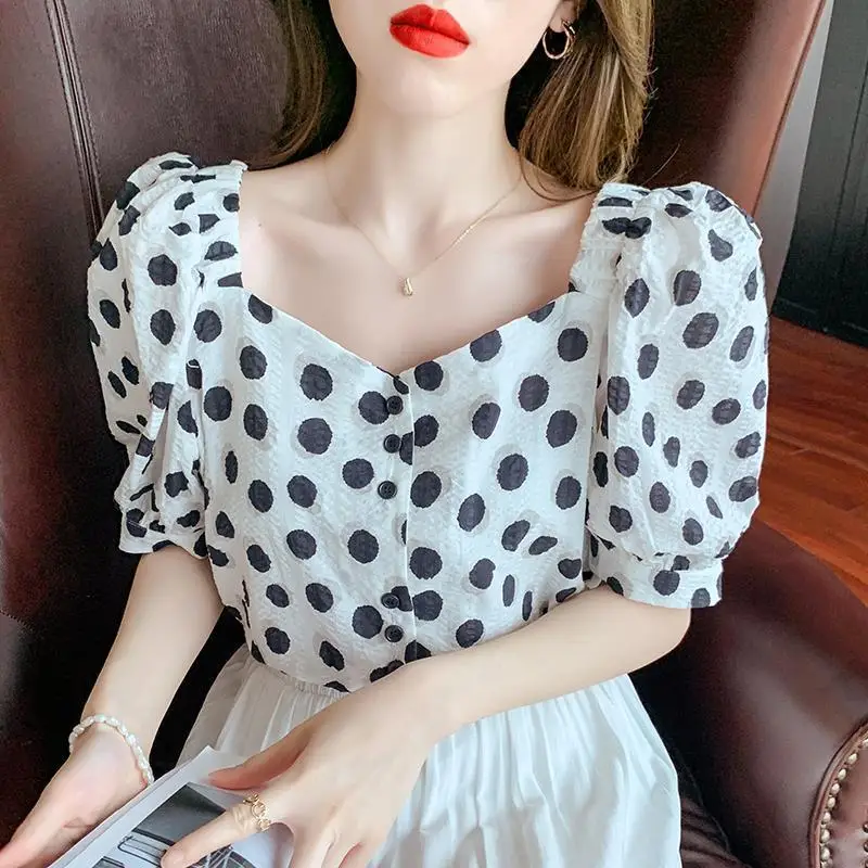 Women Trendy Polka Dot Printed Chiffon Blouses 2024 Summer Elegant Square Neck Short Sleeve Shirts Female Casual Sweet Chic Tops