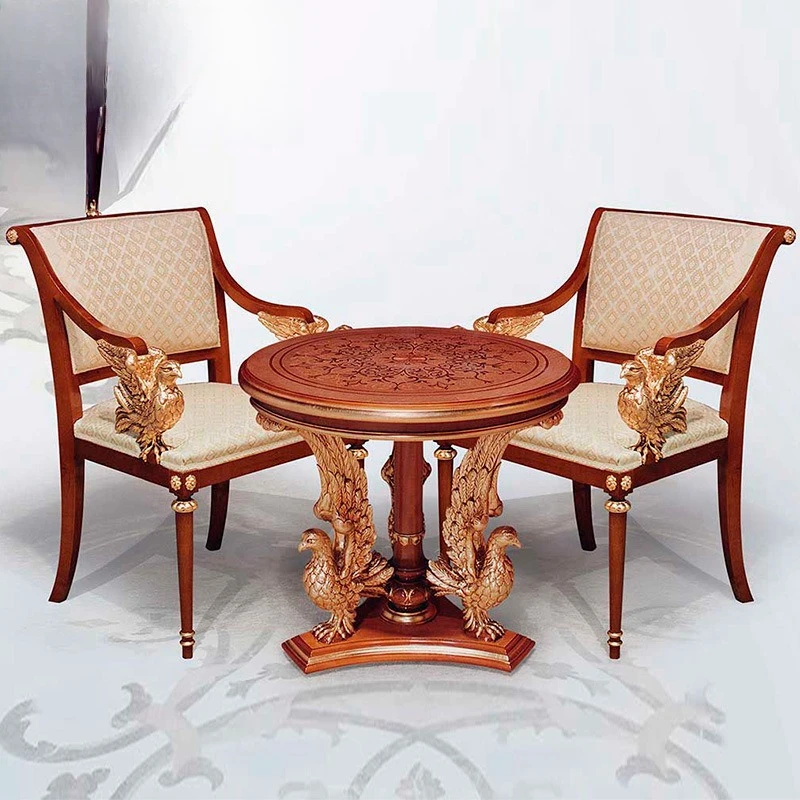 European leisure chair tea table three-piece set of solid wood carving flower fabric image chair negotiation chair