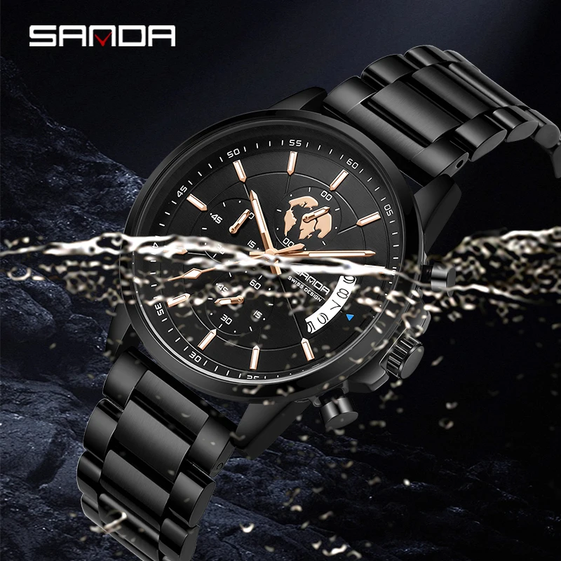 Men's Watch Fashion Simple Steel Band Calendar Waterproof Korean Quartz Watch Sanda 5015 Product Three Eyes Six Needle Quartz