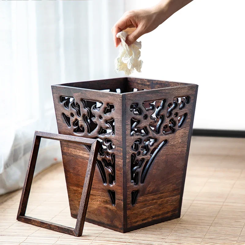 Chinese creative trash can bathroom large vintage wooden paper basket living room kitchen tea room household solid wood trash