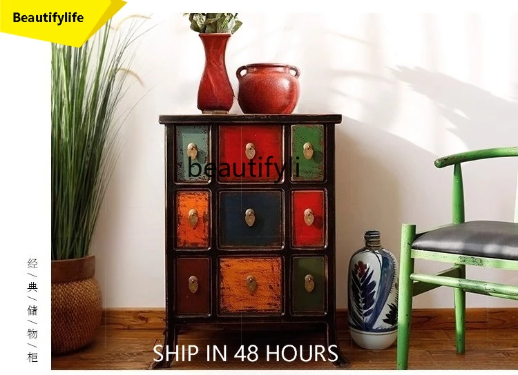 

Retro and old solid wood, cabinet multi-functional porch storage, low side cabinet classification drawer storage cabinet