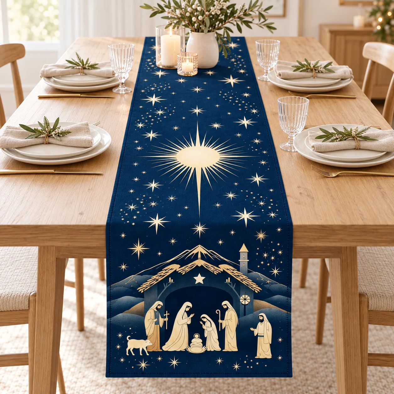 Christmas Scene Table Runner Navy Blue Starry Sky Gold Print Religious Holiday Table Decor for Xmas Dinner Home Party