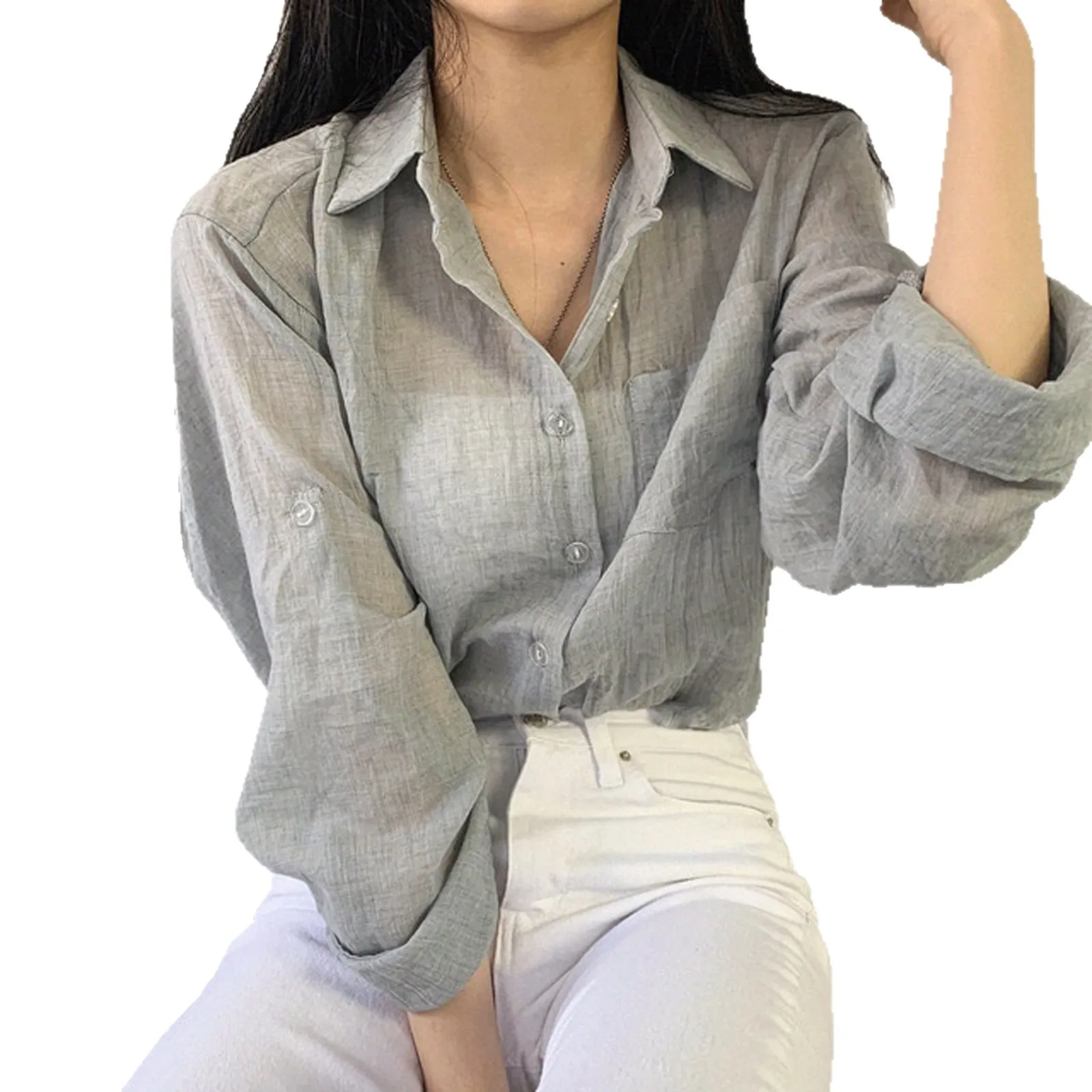 Trendy Shirt Blouse Simple Thin Pure Color Anti-UV Shirt Anti-fade Shirt Top Women Solid Color Sun Protection Shirt Streetwear