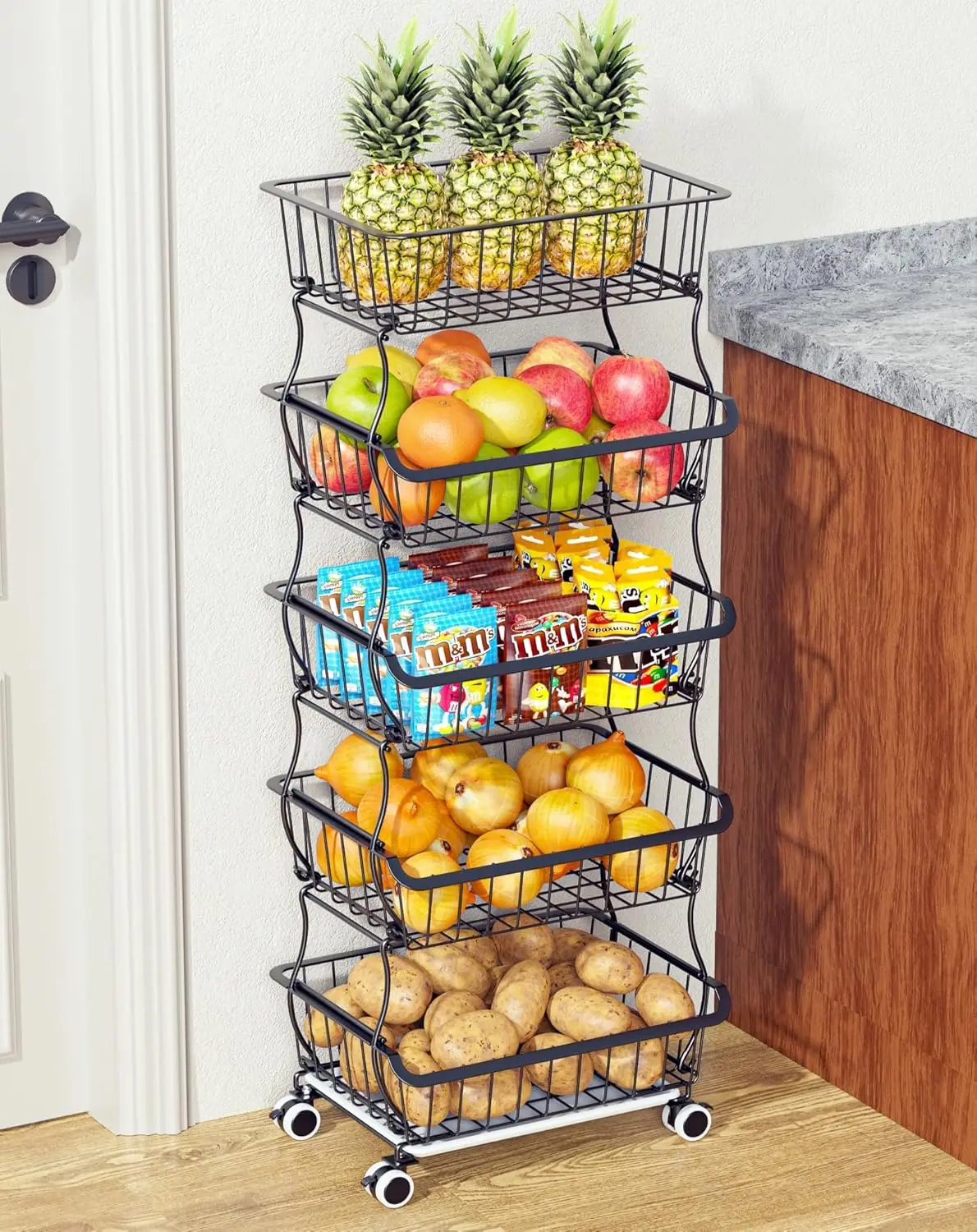 

5-Tier Stackable Wire Basket Cart with Wheels, Kitchen Pantry Organizer for Fruits Vegetables Storage