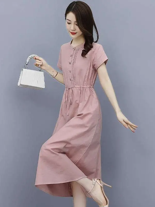 

Women's Summer New Sle Formal Ocn Cotton Linen Dr mid High Waist A-Line Skirt ort Sve round Ne Ciwalk Dr