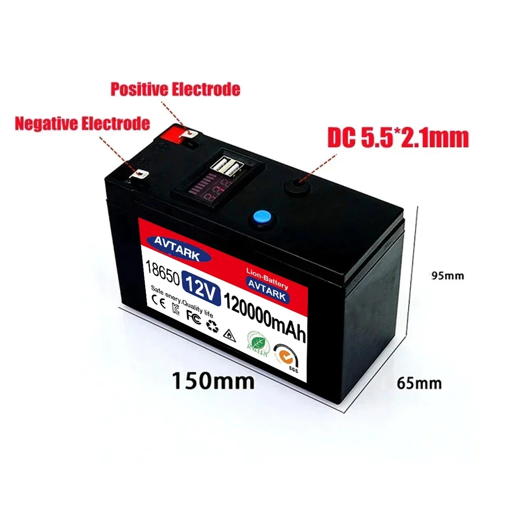 12v 12000mAh18650 rechargeable battery pack DC 12.6V 120Ah battery for solar energy electric vehicle battery+12.6v3A charger