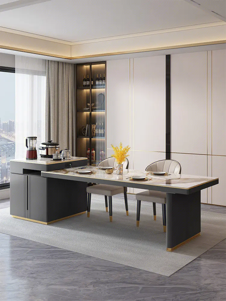 Retractable Solid Wood Kitchen Island with Storage Cabinet Adjustable Size Wooden Furniture for Apartment Kitchen Decoration