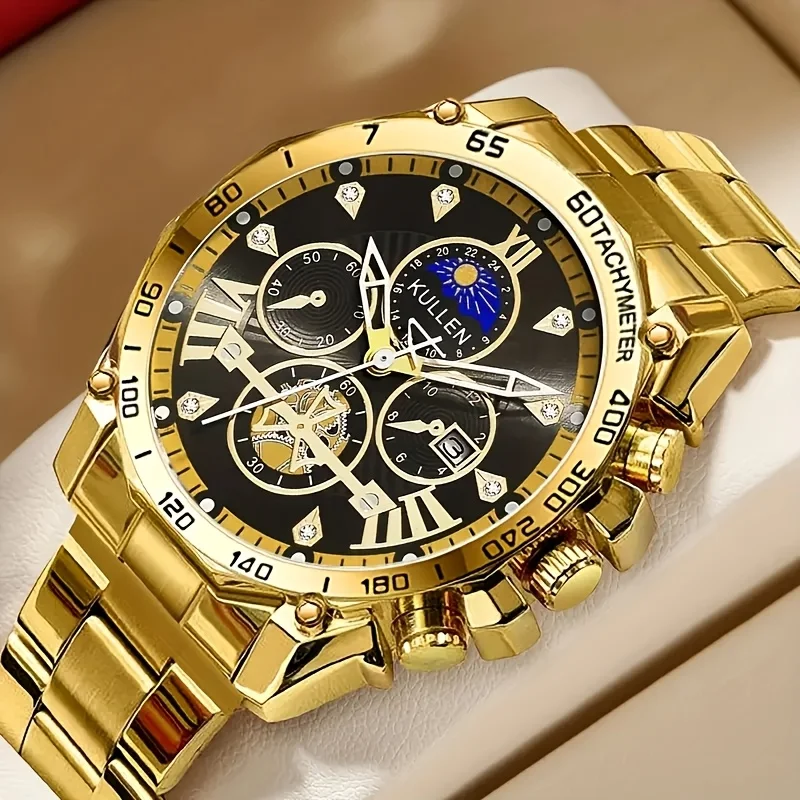 Men's sports timing quartz watch - sub dial, date window, elegant gold and black case, suitable for casual and formal clothing