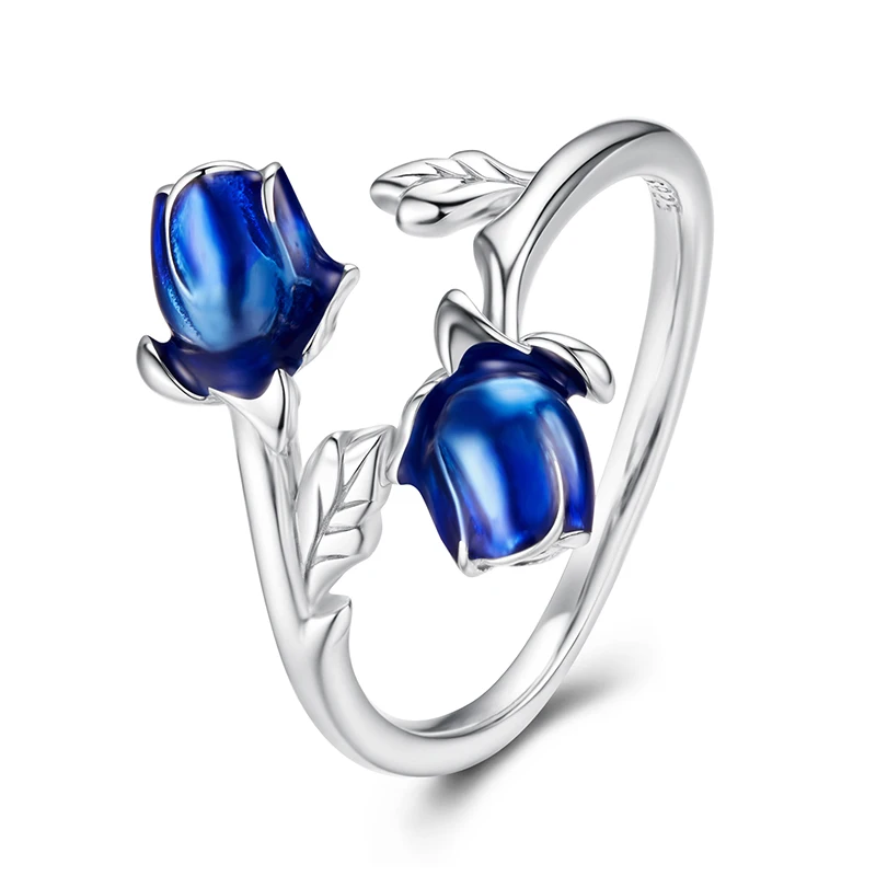 Women's 925 Sterling Silver Rose Open Ring with Blue Enamel