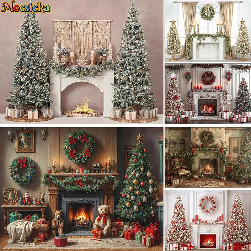 Mocsicka  Christmas Backdrop White Trees Mirror Fireplace Silver Candles Lantern Wooden Floor Beige wall Background Photo Studio