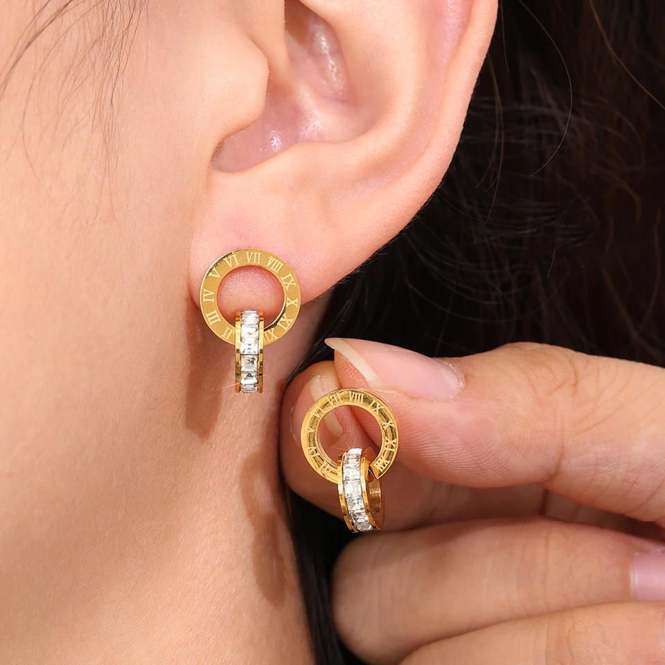 Uilz 2024 New Design Gold Color Double Ring Hoop Earrings For Women Luxury Zircon Roman Numerals Earring Daily Wear Jewelry