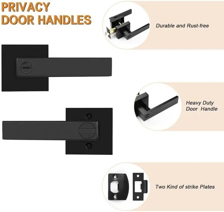 Probrico 8 Pack| Square Privacy Door Levers Locksets in Matte Black Finish, Bed/Bath Door Levers Keyless Interior Handles