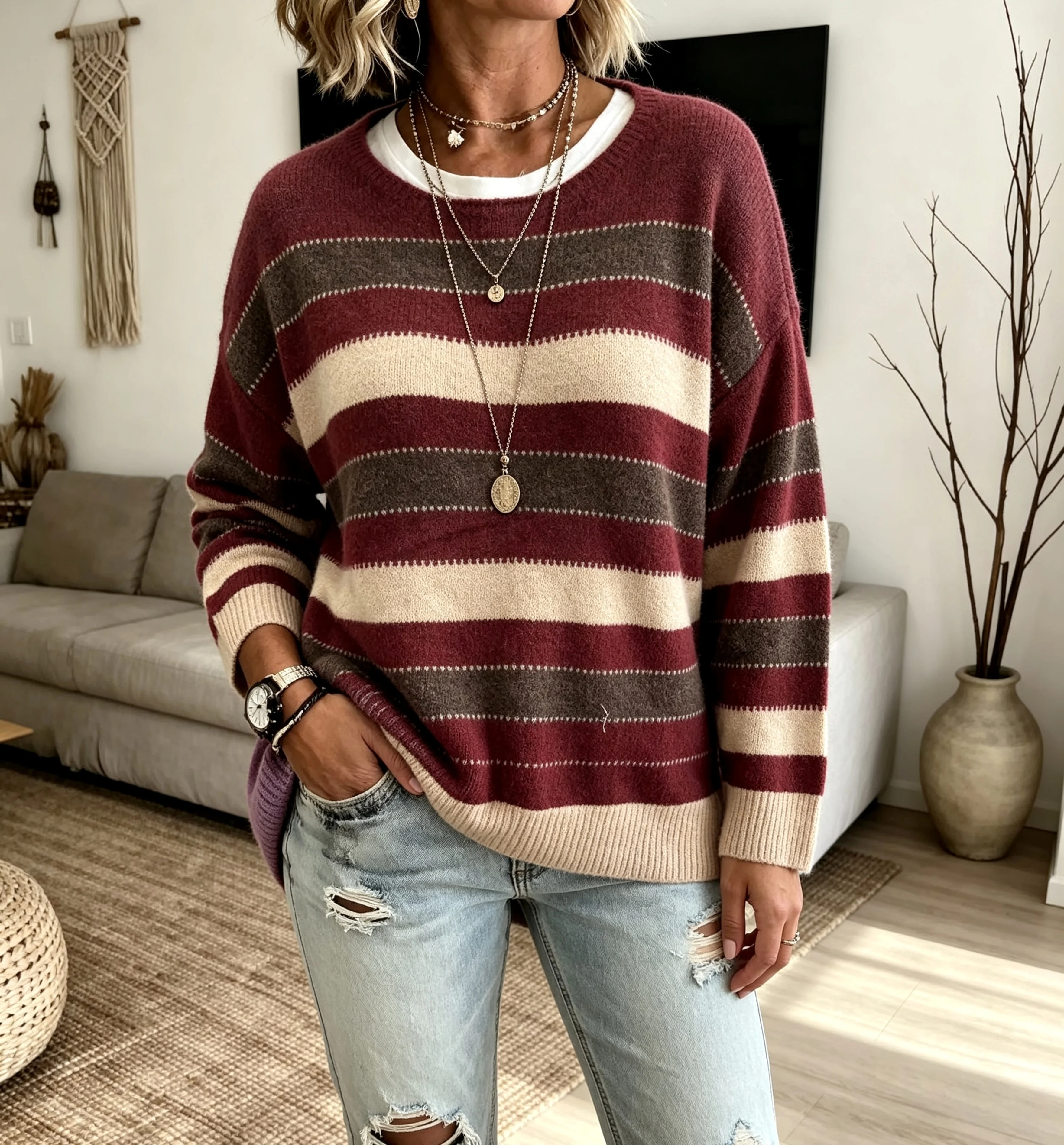 Plus Size Women Striped Sweater Crew Neck Long Sleeve Soft Knit Loose Fit Jacquard Pattern Casual Autumn Winter Pullover