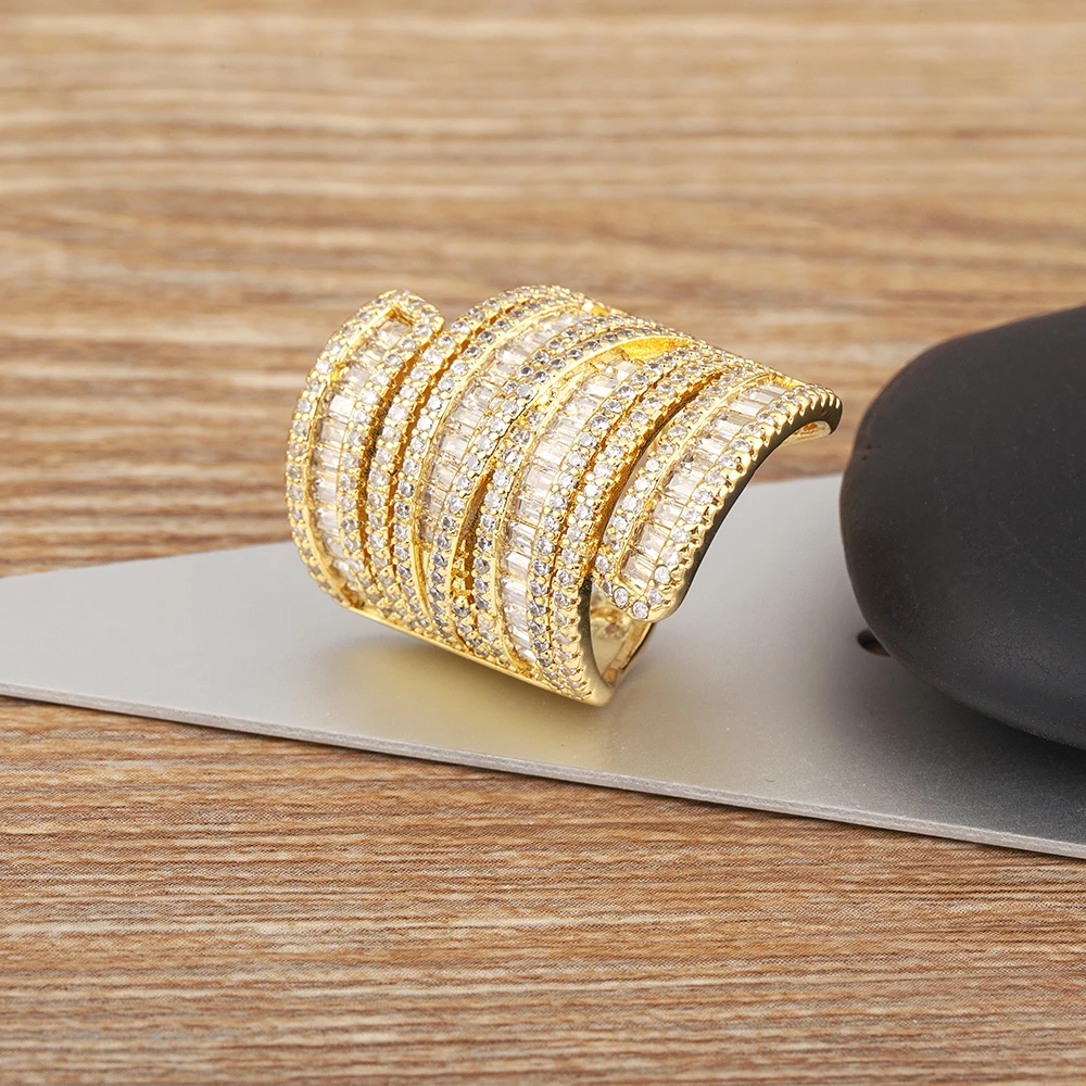 AIBEF Luxury Rhinestone Women Gold Color Ring Opening Adjustable Copper Zircon Inlay Crystal Aesthetic Jewelry Accessories Gift