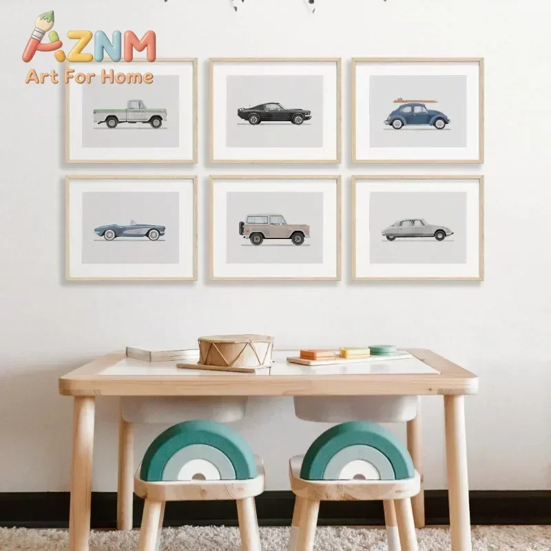 AZNM Vintage Classic Car Canvas Wall Art Retro Pickup SUV Beetle Sports Car Illustration Art Print Unframed Canvas Poster for Bo