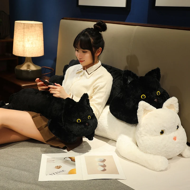 

70cm Funny Cute Soft Long White Black Cat Plush Toys Pause Office Nap Pillow Bed Sleep Home Decor Doll for Kids Girl Gift
