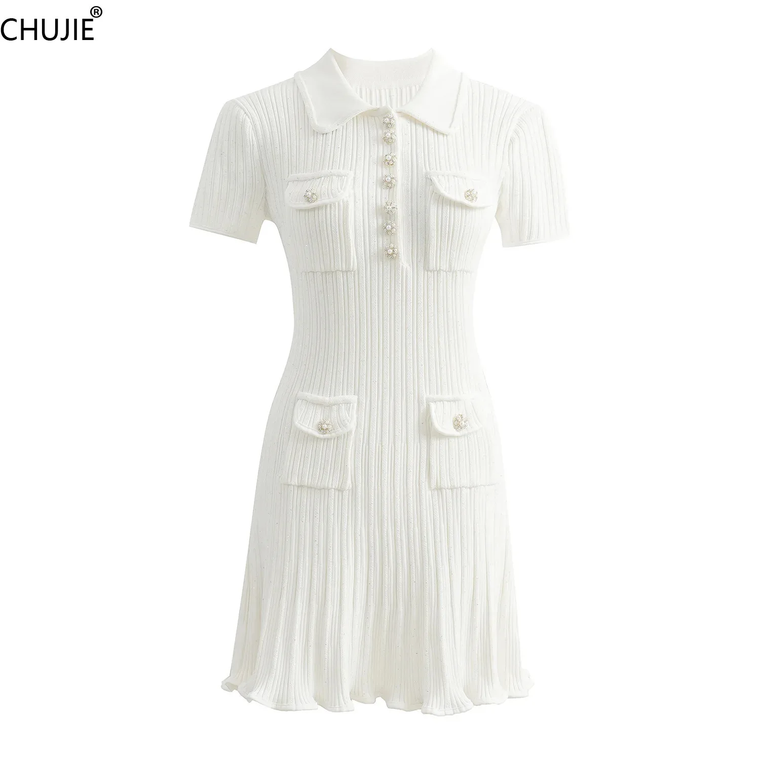 

Knit Collar Dress - Short Sleeve Single-Breasted - Spring Summer Style - Viscose Blend