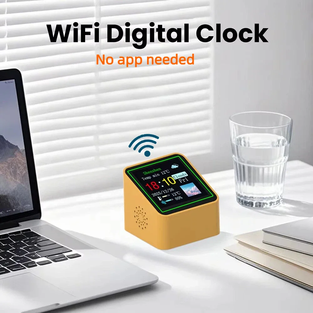 Super Cool Mini WiFi Desktop Weather Digital Clock, Smart Temperature Humidity Monitor Alarm Clock, Portable Home Desktop Decor
