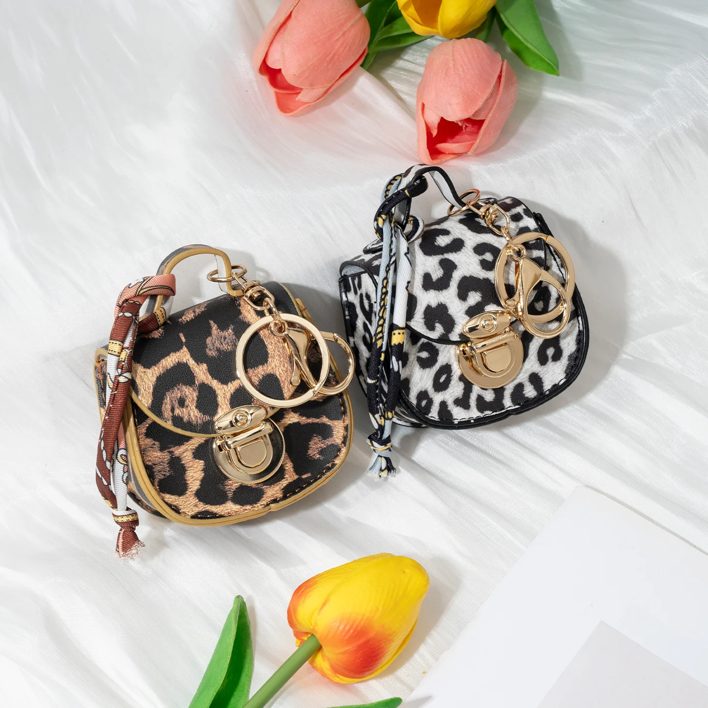 Mini Saddle Faux Leather Keychain Coin Pouch with Silk Scarf, Portable Bag Charm for Women