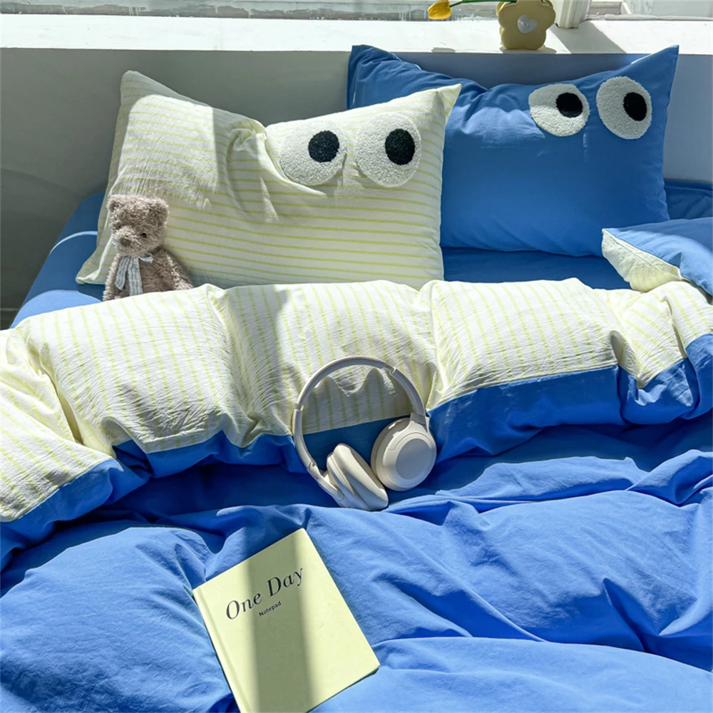 Cute Big Eyed Four Piece Set Plaid Duvet Cover Set Bed Sheet Bedroom Decor Skin Friendly Single Double Bedding Set Home Textiles